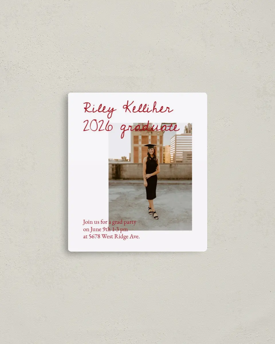 This is a 3½" x 4" Graduation Announcement Magnet called Stunning Celebration printed in full color with a Luxe Satin finish