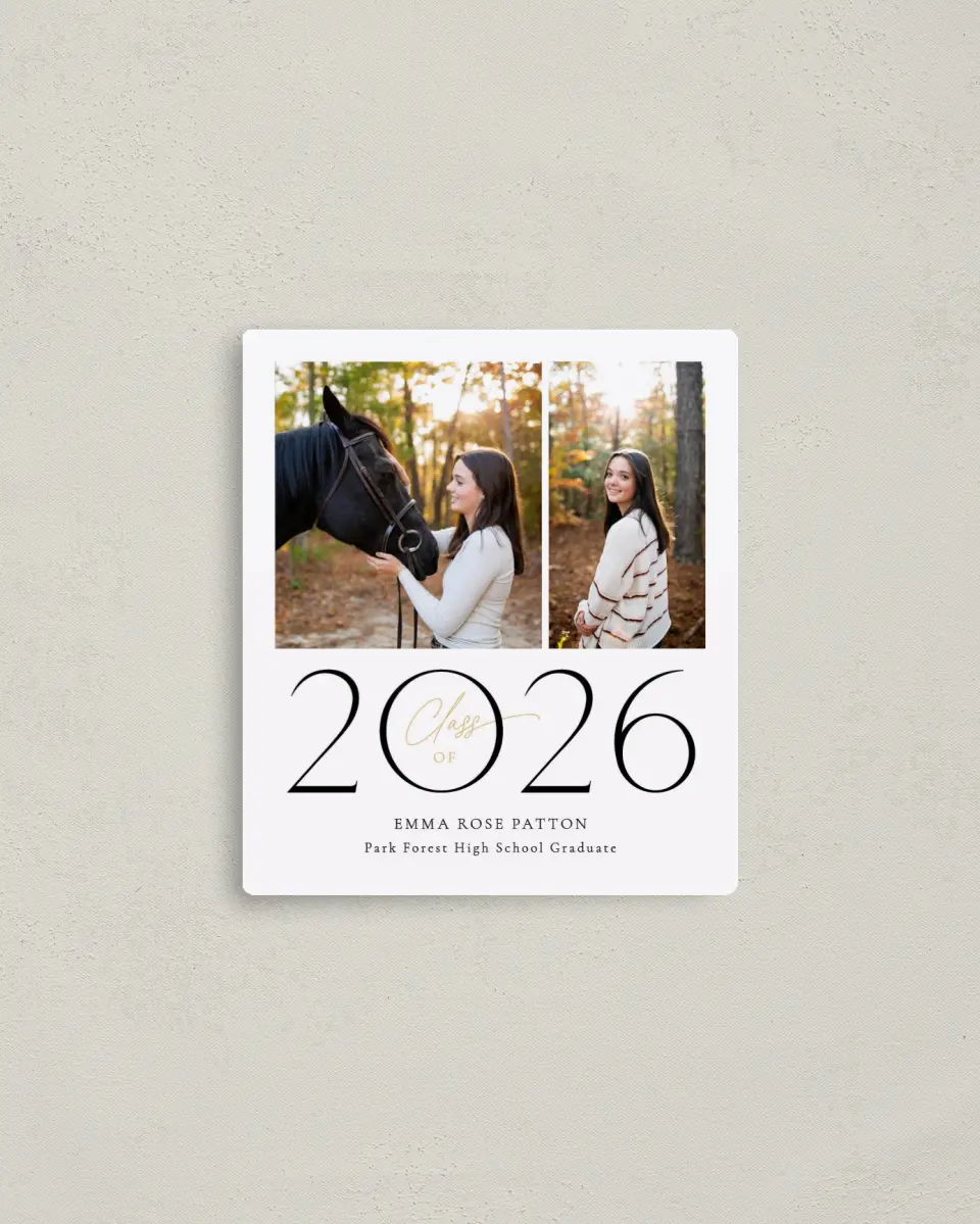 This is a 3½" x 4" Graduation Announcement Magnet called Brilliant Year printed in full color with a Luxe Satin finish