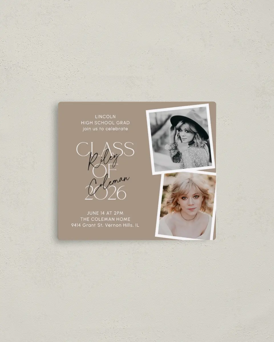 This is a 3½" x 4" Graduation Announcement Magnet called Layered Snapshots printed in full color with a Luxe Satin finish