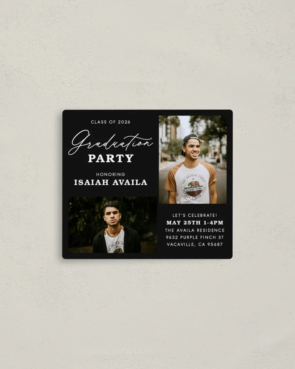 This is a 3½" x 4" Graduation Announcement Magnet called Let's Celebrate printed in full color with a Luxe Satin finish