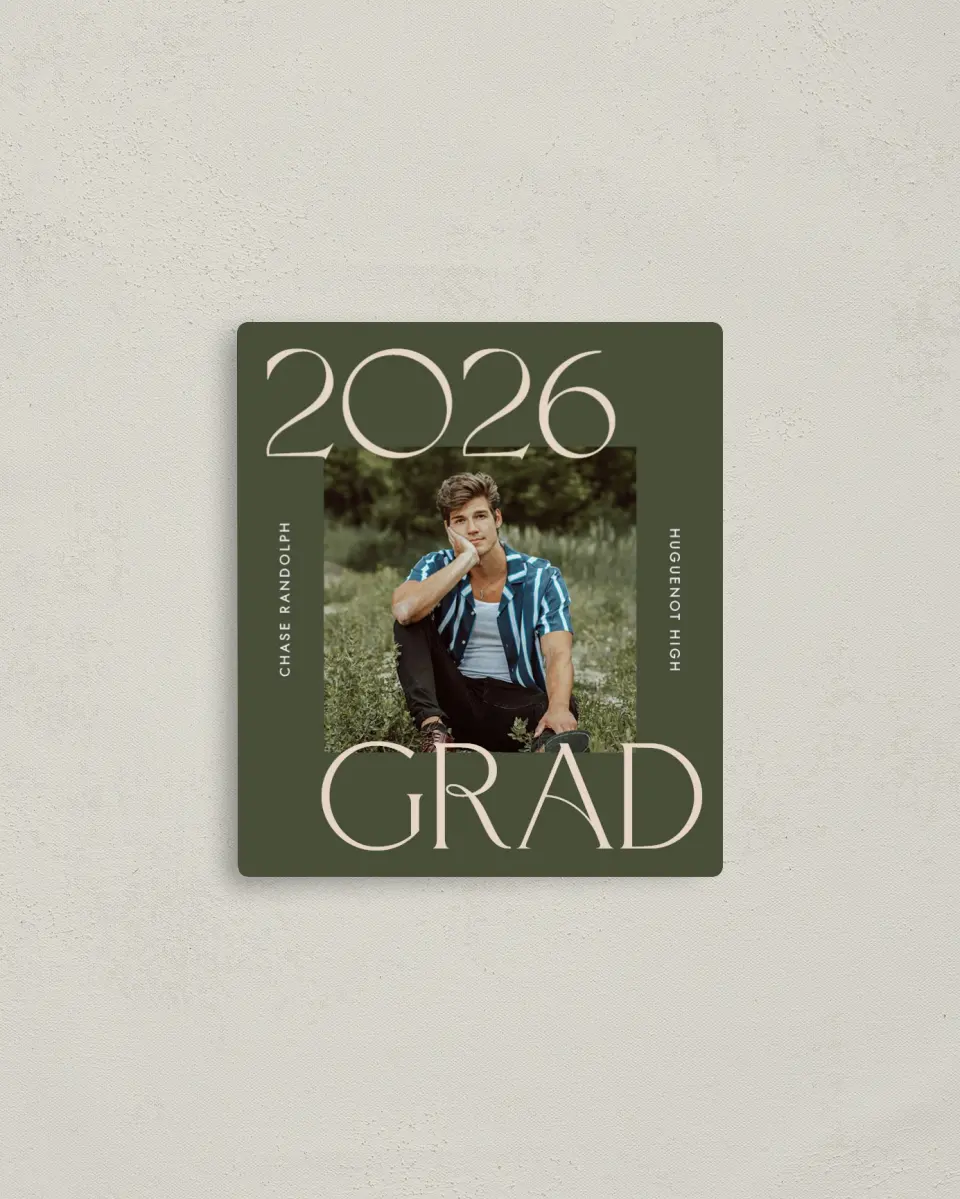 This is a 3½" x 4" Graduation Announcement Magnet called Grand Year printed in full color with a Luxe Satin finish