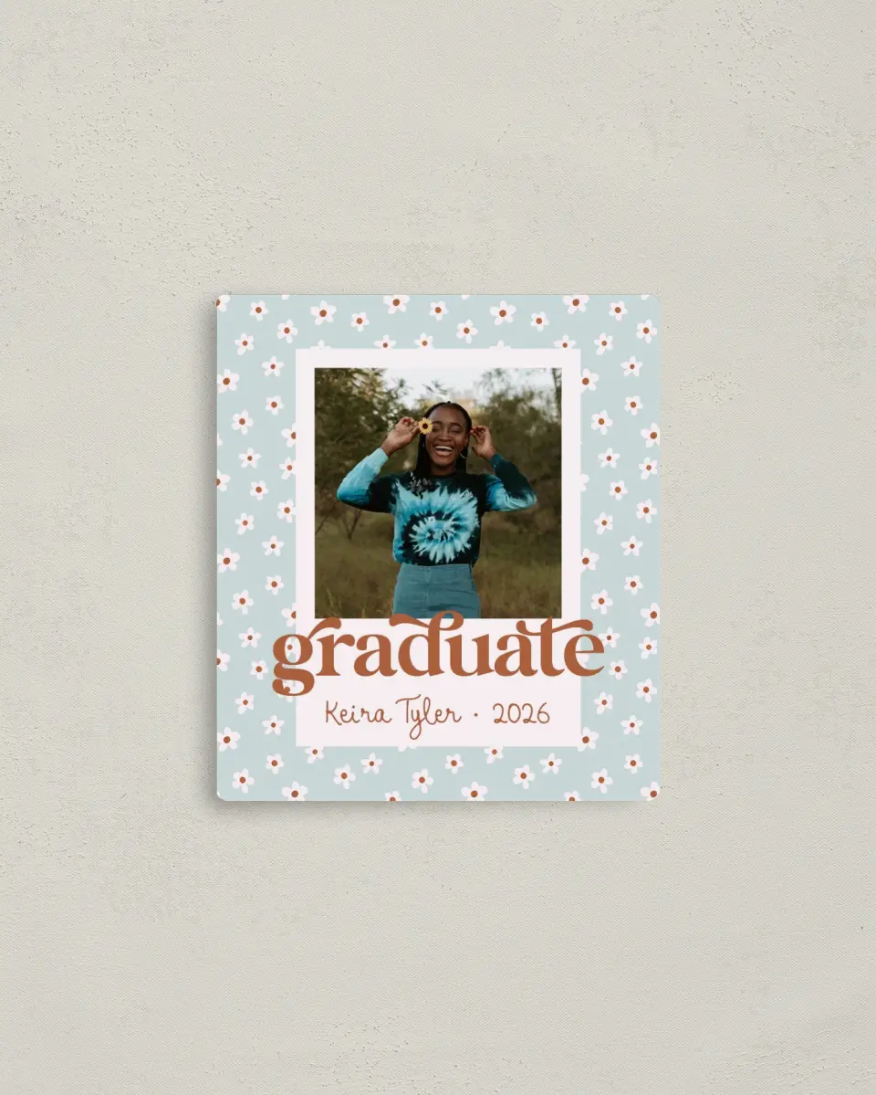 This is a 3½" x 4" Graduation Announcement Magnet called Demure Daisies printed in full color with a Luxe Satin finish