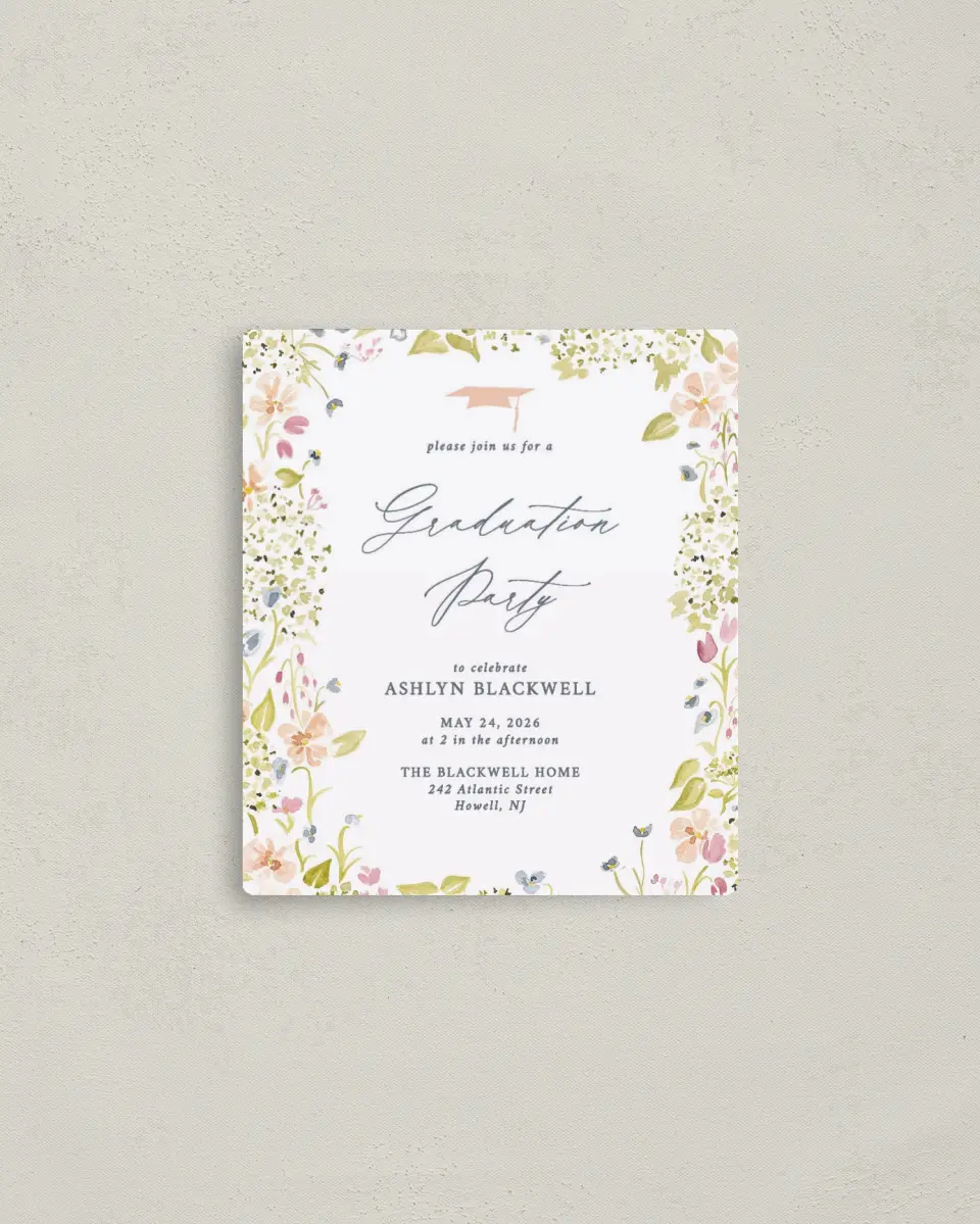 This is a 3½" x 4" Graduation Announcement Magnet called Blooming Bright printed in full color with a Luxe Satin finish