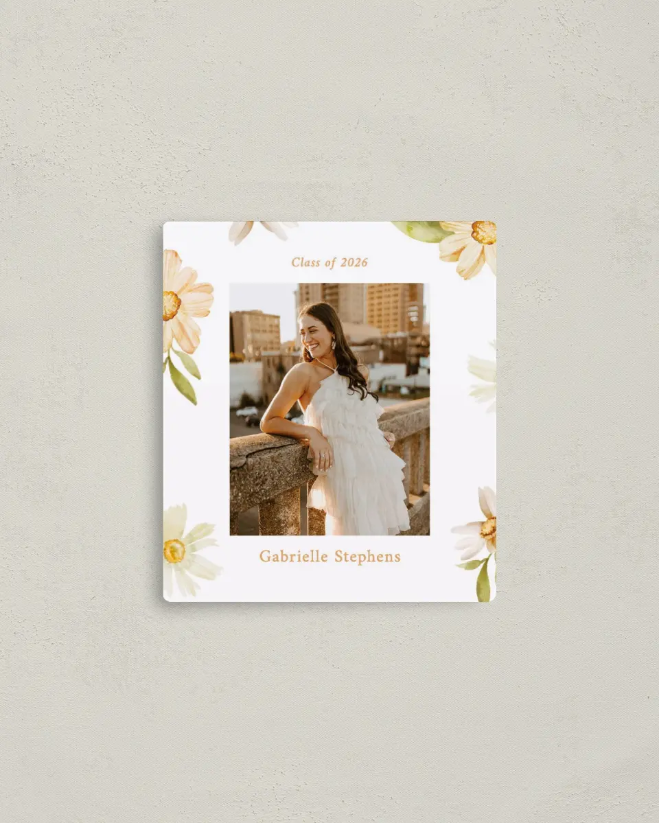 This is a 3½" x 4" Graduation Announcement Magnet called Sunny Blooms printed in full color with a Luxe Satin finish