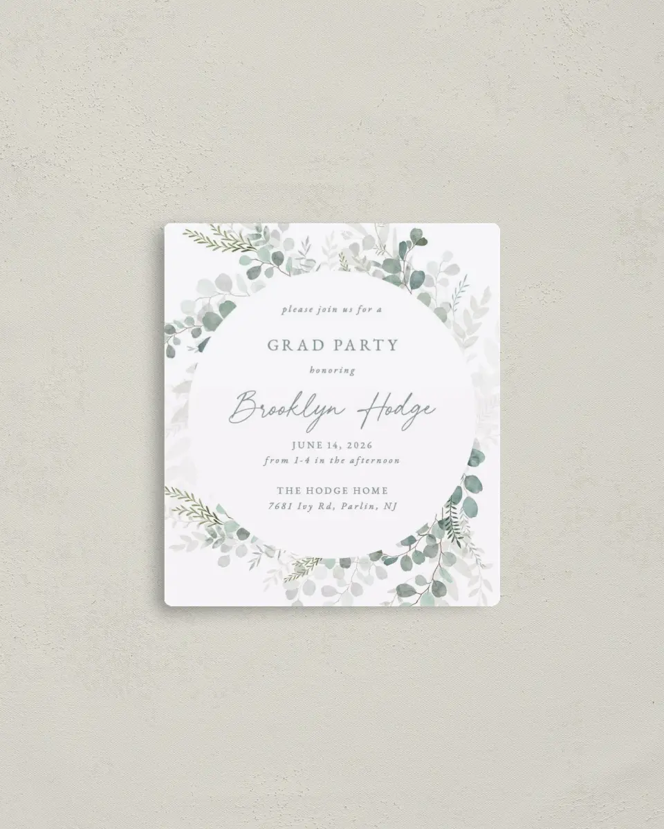 This is a 3½" x 4" Graduation Announcement Magnet called Grad Greenery printed in full color with a Luxe Satin finish