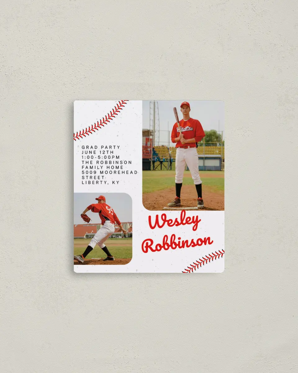This is a 3½" x 4" Graduation Announcement Magnet called Homerun Hero printed in full color with a Luxe Satin finish