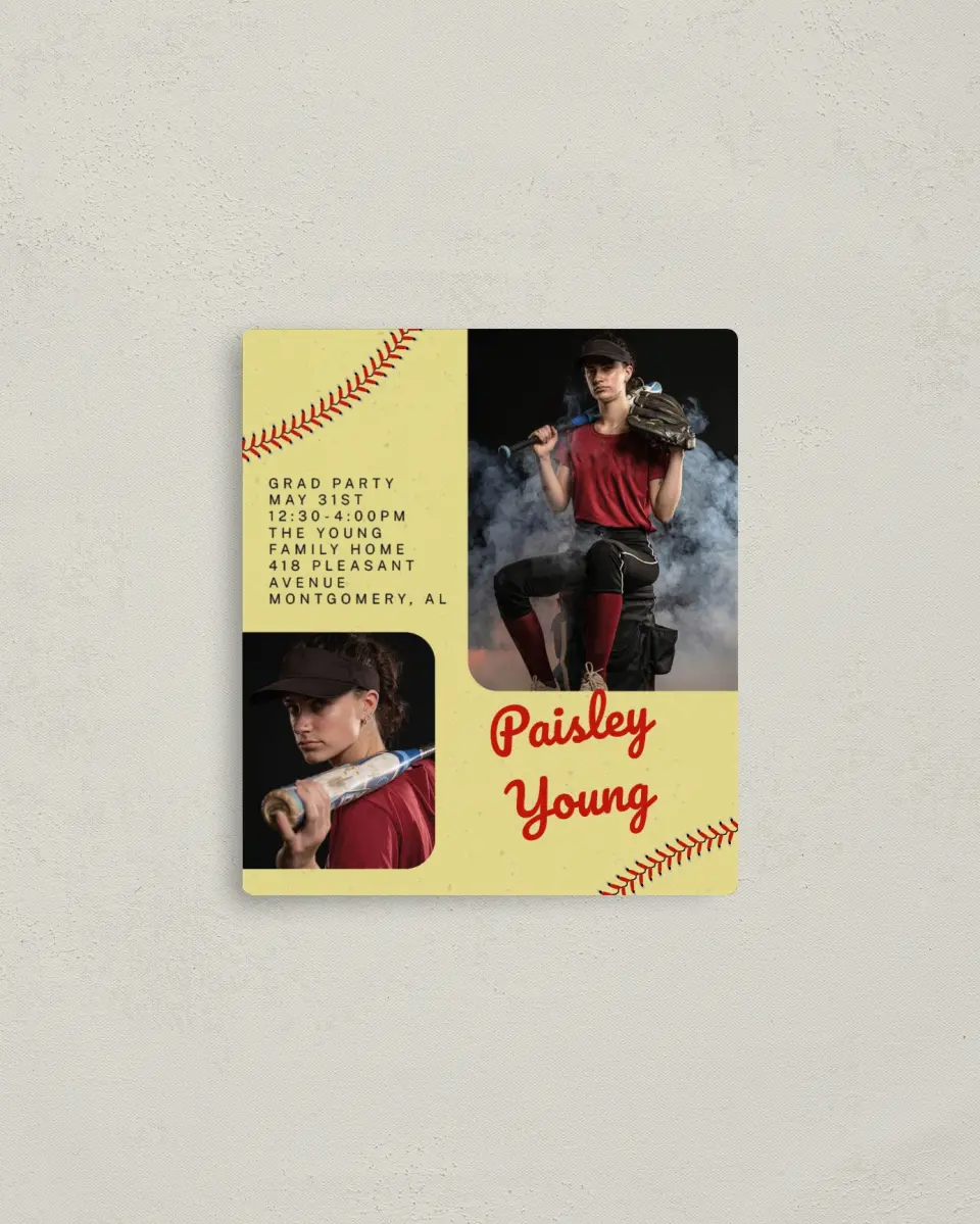 This is a 3½" x 4" Graduation Announcement Magnet called Softball Slugger printed in full color with a Luxe Satin finish
