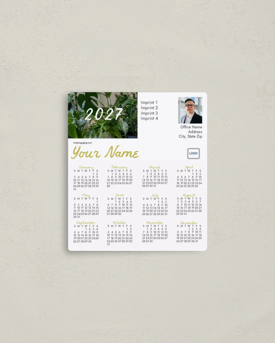 This is a 3½" x 4" Full Magnet Calendar called Rooted in Time printed in full color with a Standard Gloss finish