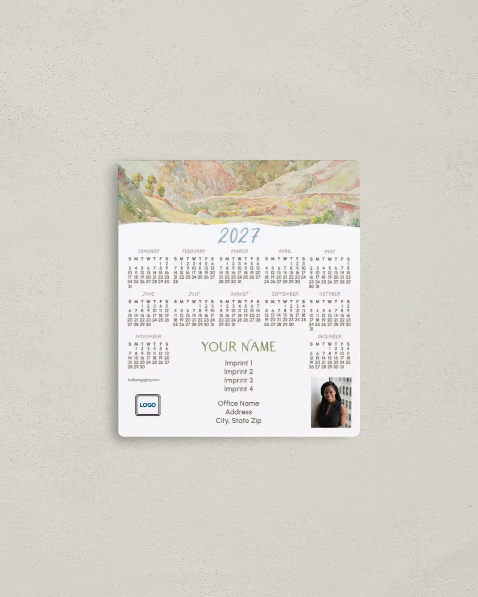 This is a 3½" x 4" Full Magnet Calendar called Over the Peaks printed in full color with a Standard Gloss finish