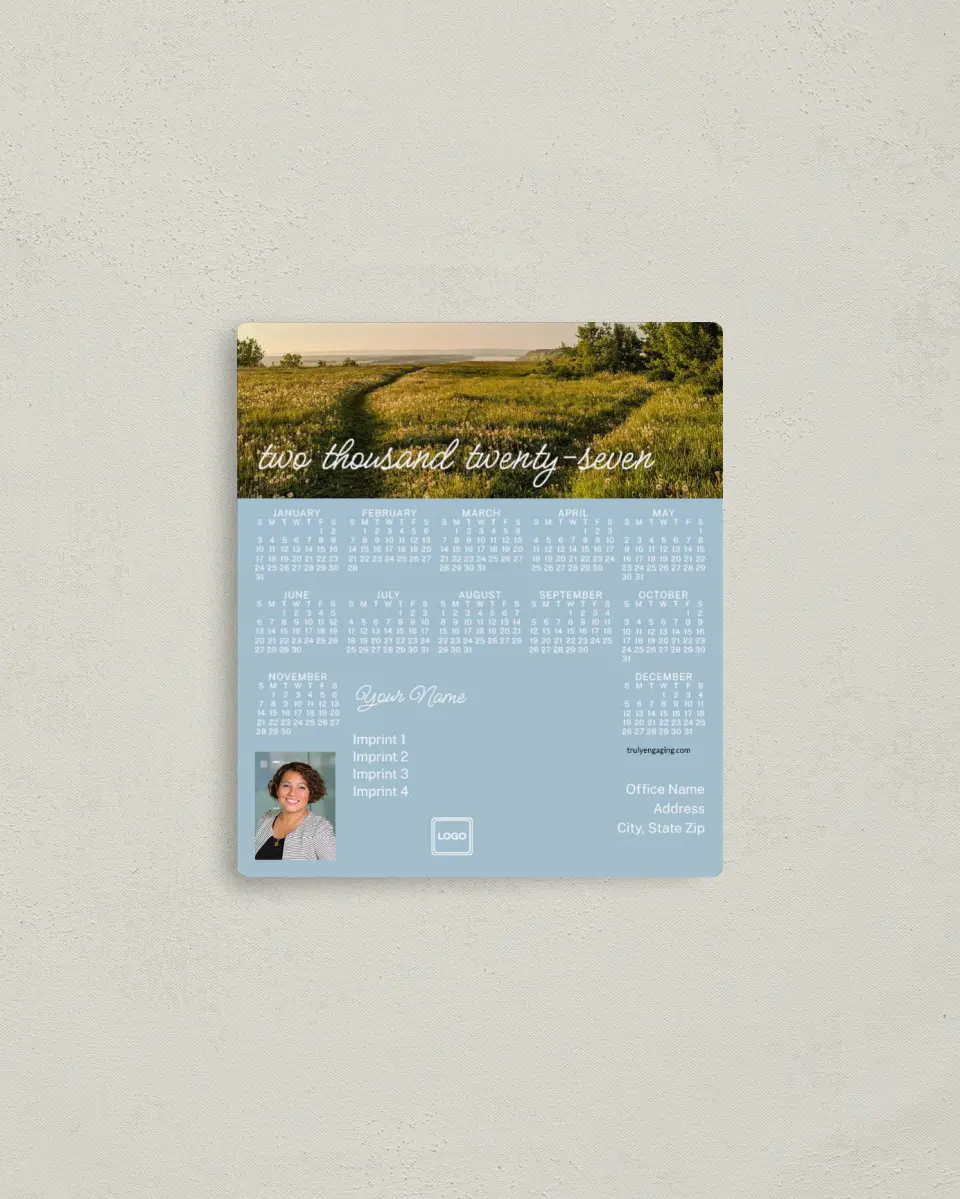 This is a 3½" x 4" Full Magnet Calendar called Grassy Fields printed in full color with a Standard Gloss finish