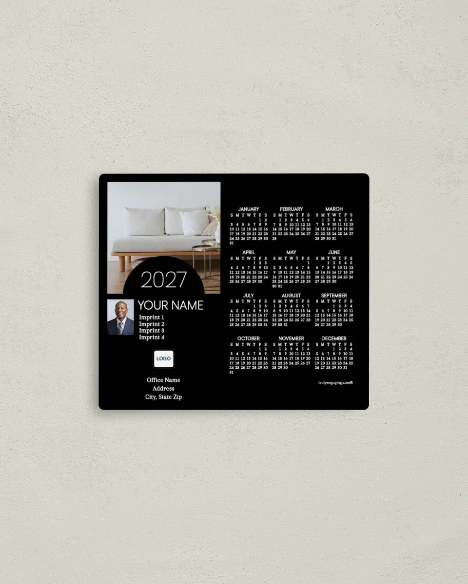 This is a 3½" x 4" Full Magnet Calendar called Modern Manor printed in full color with a Standard Gloss finish