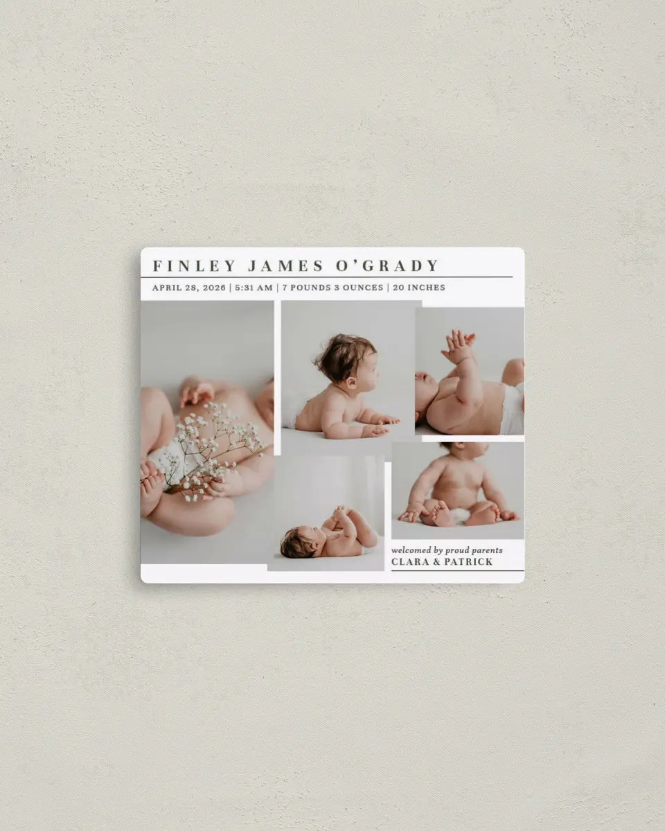 This is a 3½" x 4" Birth Announcement Magnet called Minimalist Munchkin printed in full color with a Luxe Satin finish