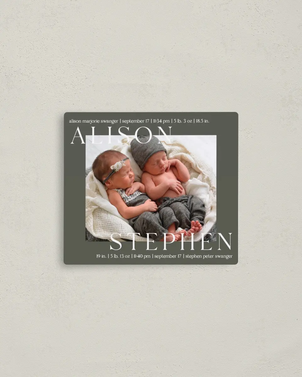 This is a 3½" x 4" Birth Announcement Magnet called Sweet Twins printed in full color with a Luxe Satin finish
