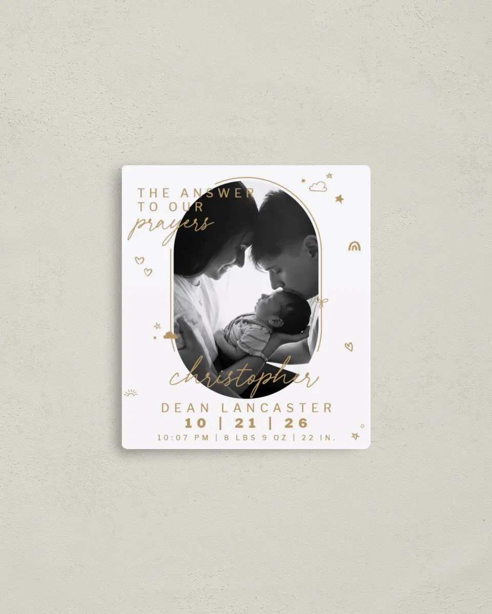 This is a 3½" x 4" Birth Announcement Magnet called Answered Prayers printed in full color with a Luxe Satin finish