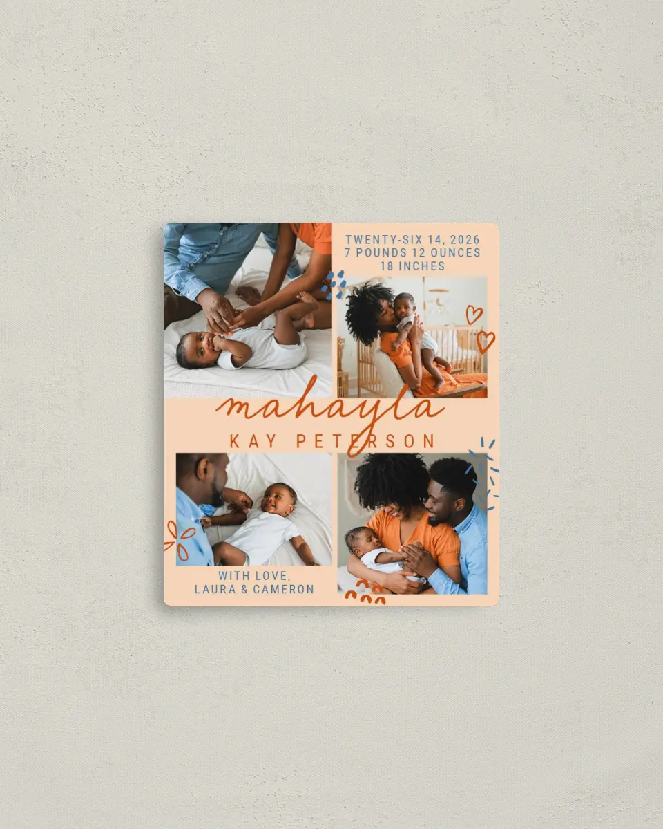 This is a 3½" x 4" Birth Announcement Magnet called Cutesy Baby printed in full color with a Luxe Satin finish