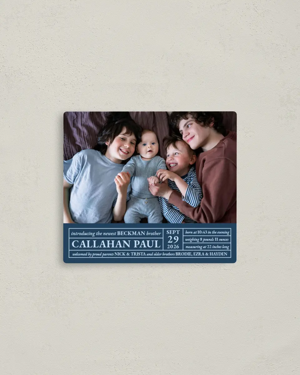 This is a 3½" x 4" Birth Announcement Magnet called Welcome to the Family printed in full color with a Luxe Satin finish