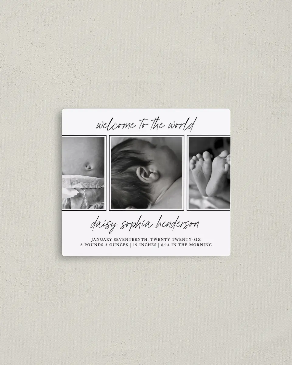 This is a 3½" x 4" Birth Announcement Magnet called Delicate Little One printed in full color with a Luxe Satin finish