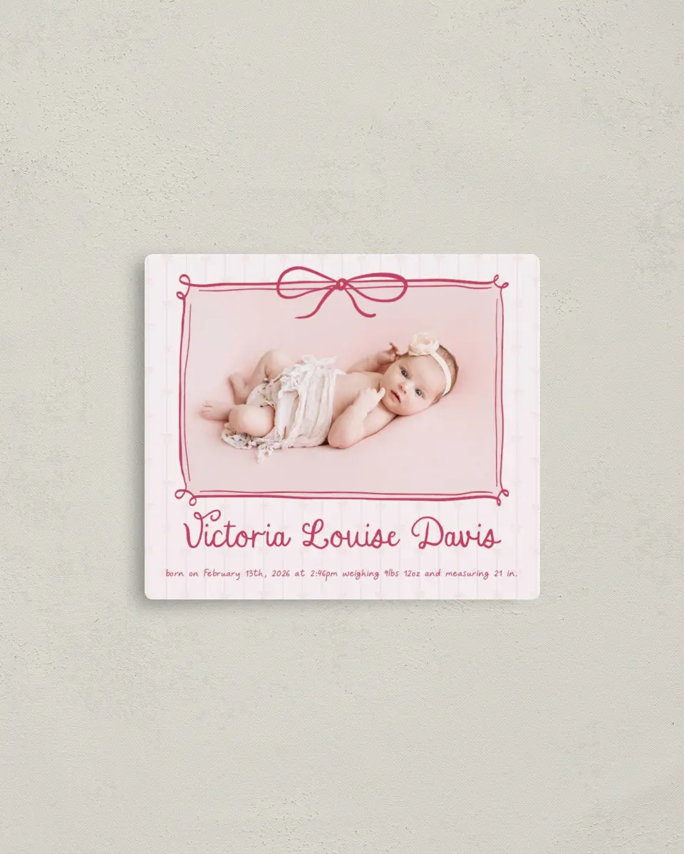 This is a 3½" x 4" Birth Announcement Magnet called Blush Bows printed in full color with a Luxe Satin finish