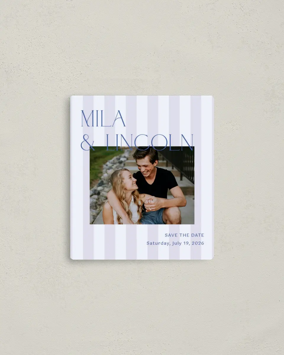 This is a 3½" x 4" Save the Date Magnet called The Mila printed in full color with a Luxe Satin finish