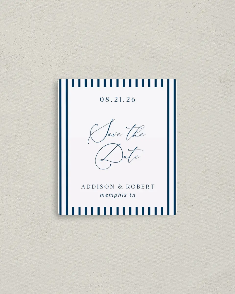 This is a 3½" x 4" Save the Date Magnet called The Addison printed in full color with a Luxe Satin finish