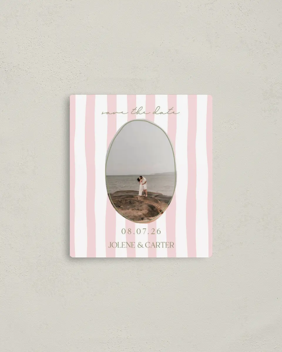 This is a 3½" x 4" Save the Date Magnet called The Jolene printed in full color with a Luxe Satin finish