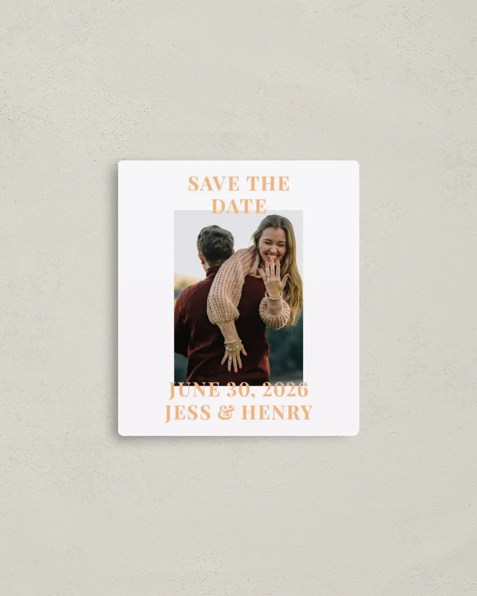 This is a 3½" x 4" Save the Date Magnet called The Jess printed in full color with Rose Gold foil and a Luxe Satin finish