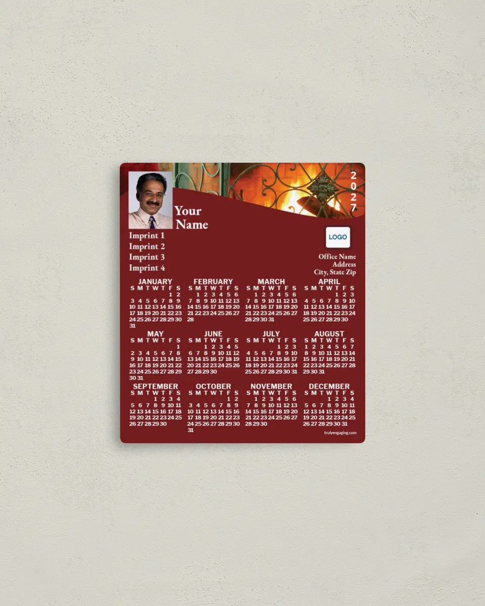 This is a 3½" x 4" Full Magnet Calendar called Fireplace, Dark Red-Brown printed in full color with a Standard Gloss finish