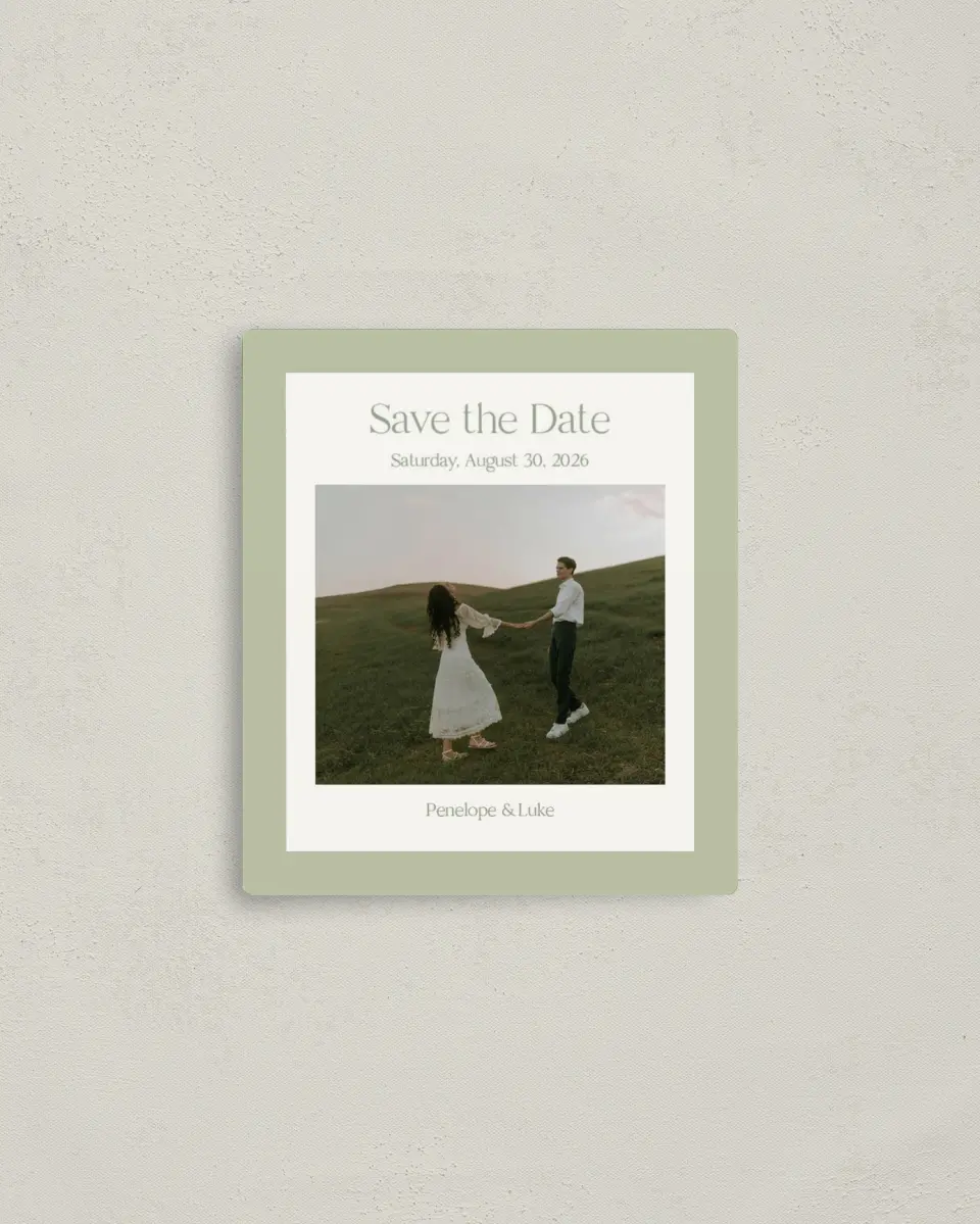 This is a 3½" x 4" Save the Date Magnet called The Penelope printed in full color with a Luxe Satin finish
