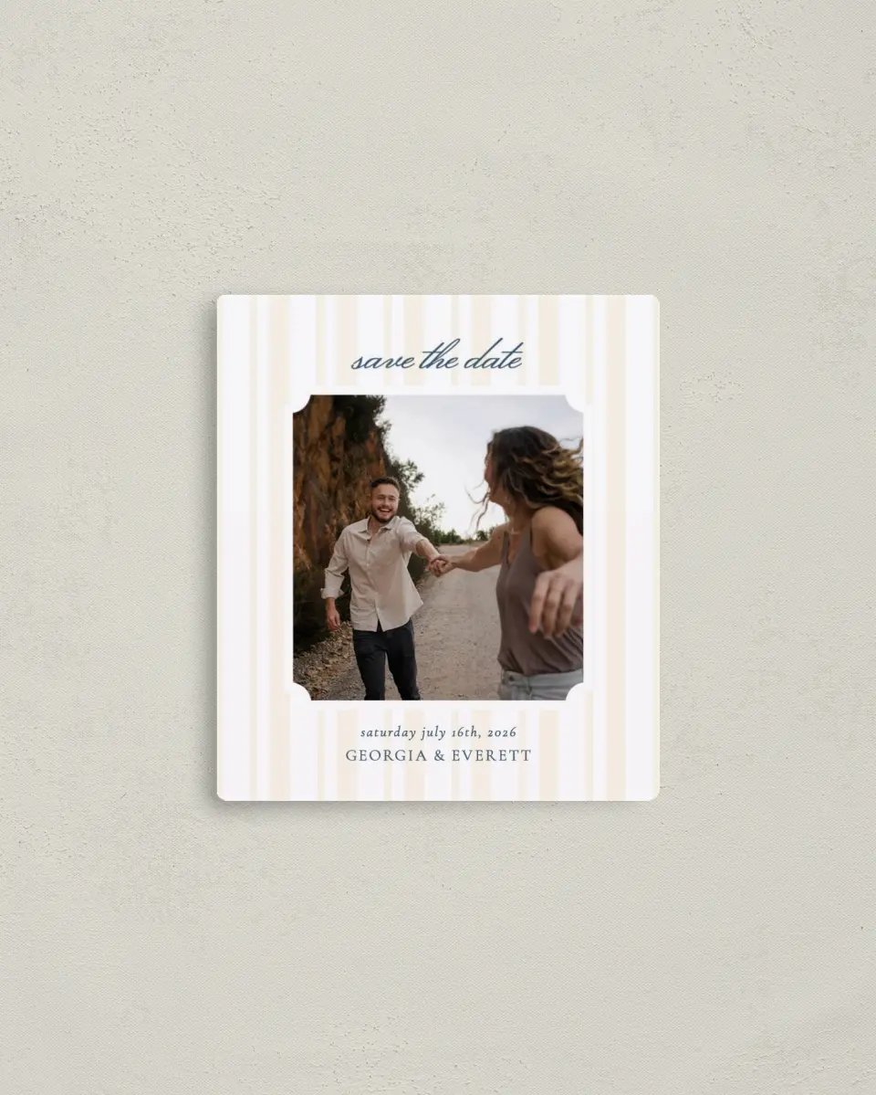 This is a 3½" x 4" Save the Date Magnet called The Georgia printed in full color with a Luxe Satin finish