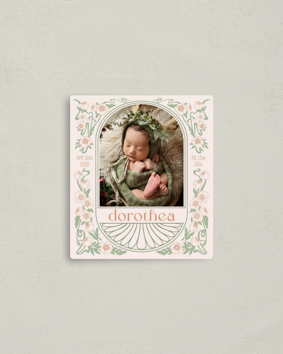 This is a 3½" x 4" Birth Announcement Magnet called Whimsical Dreams printed in full color with a Luxe Satin finish