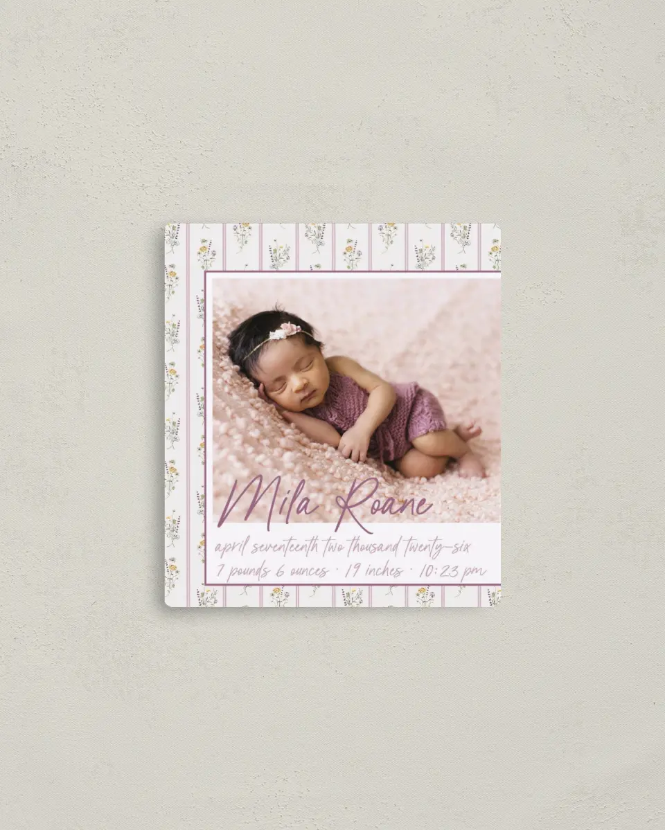 This is a 3½" x 4" Birth Announcement Magnet called Lovely Mauve Vintage printed in full color with a Luxe Satin finish
