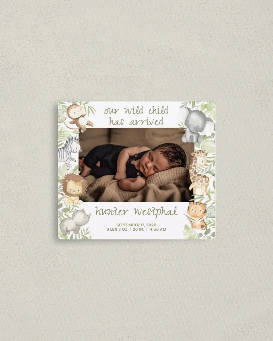This is a 3½" x 4" Birth Announcement Magnet called Wild Child printed in full color with a Luxe Satin finish