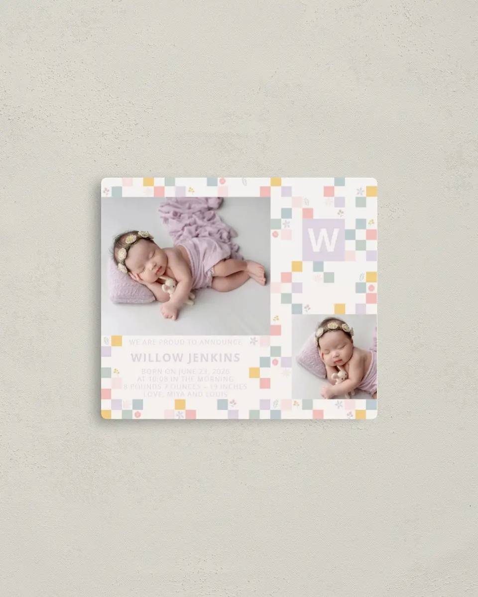This is a 3½" x 4" Birth Announcement Magnet called Cheeky & Checkered printed in full color with a Luxe Satin finish