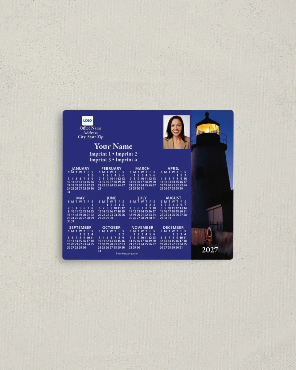 This is a 3½" x 4" Full Magnet Calendar called Lighthouse at Dusk, Blue printed in full color with a Standard Gloss finish