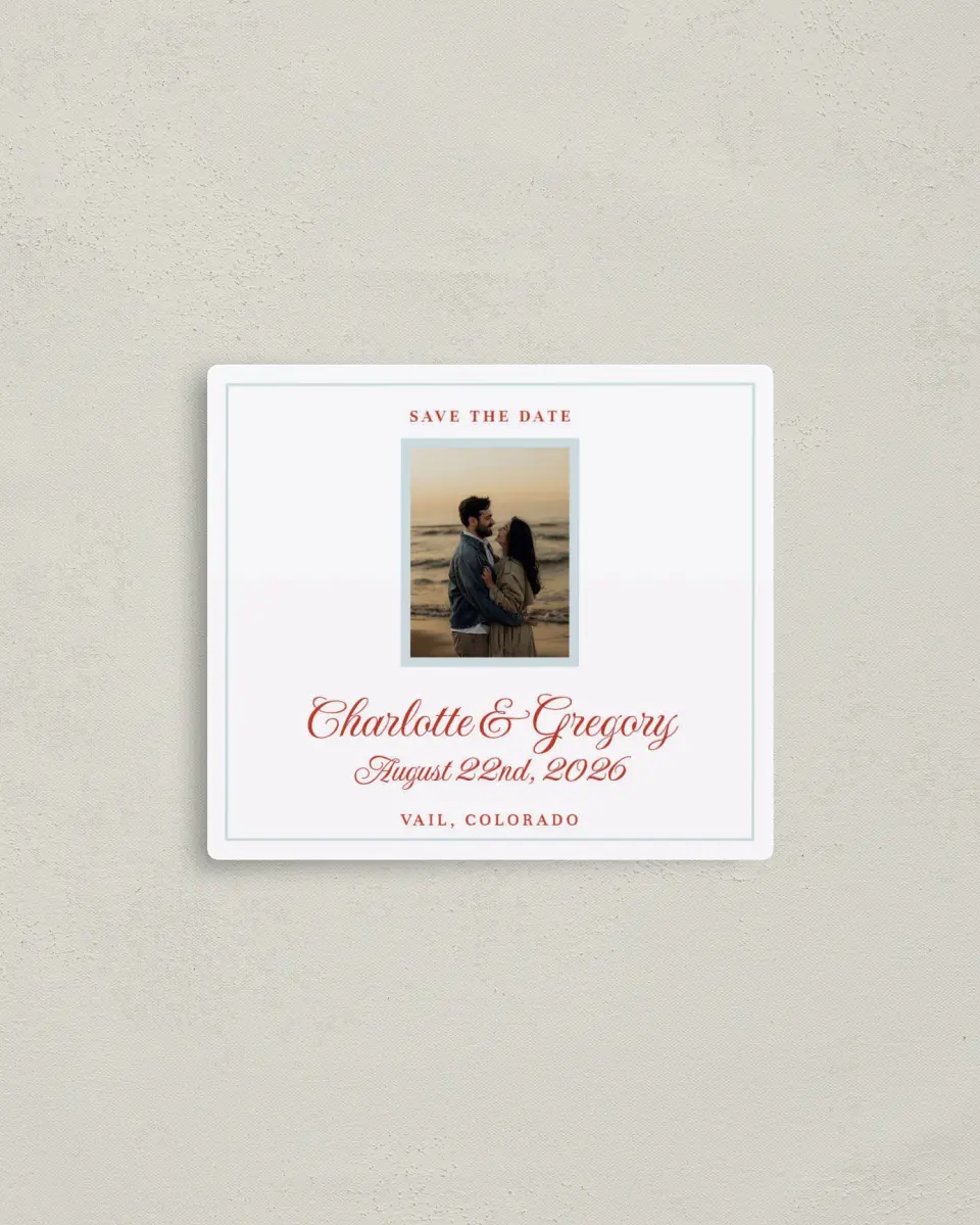 This is a 3½" x 4" Save the Date Magnet called Mod Elegance printed in full color with a Luxe Satin finish