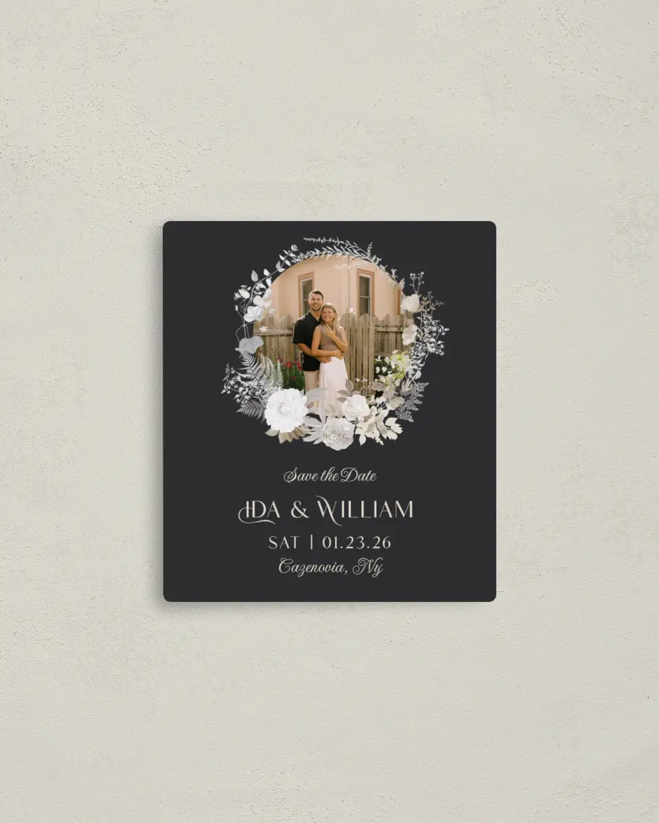 This is a 3½" x 4" Save the Date Magnet called Winter Wildflowers printed in full color with a Luxe Satin finish