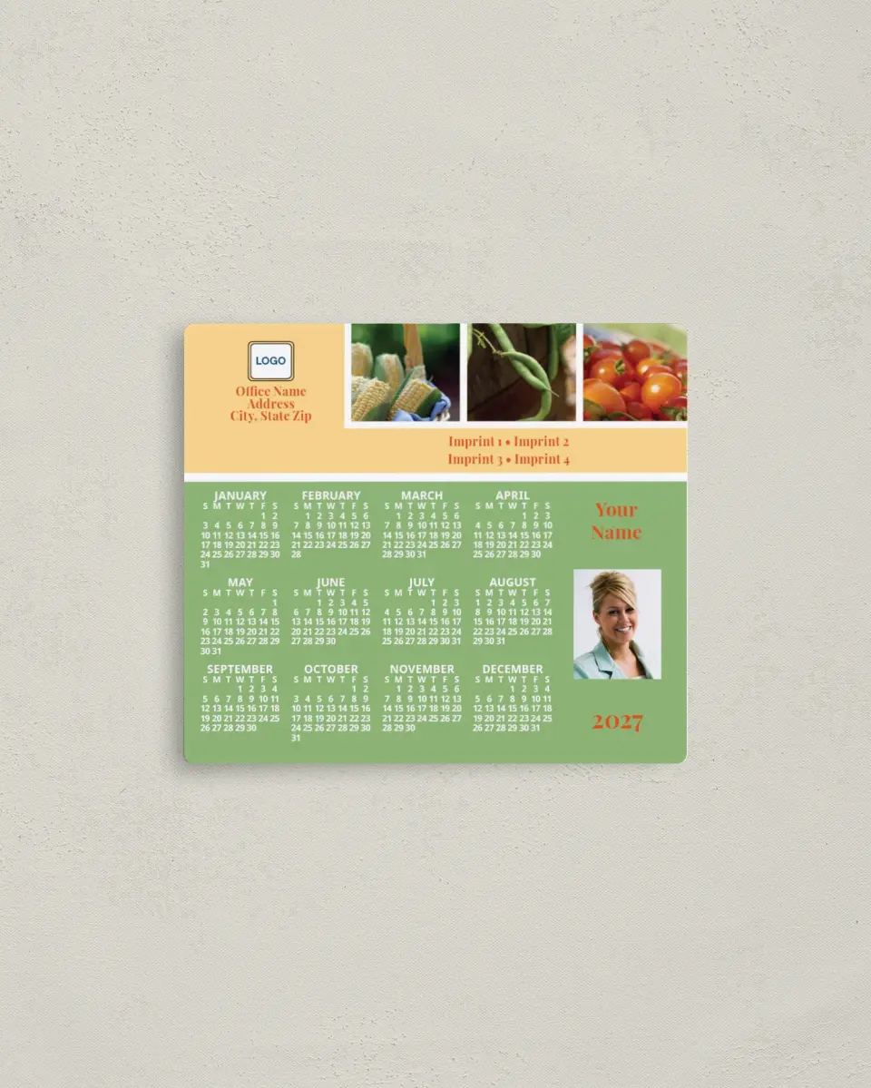 This is a 3½" x 4" Full Magnet Calendar called Corn, Peas, Tomatoes printed in full color with a Standard Gloss finish