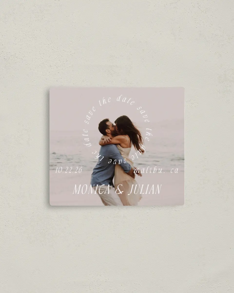 This is a 3½" x 4" Save the Date Magnet called Crashing Love printed in full color with a Luxe Satin finish