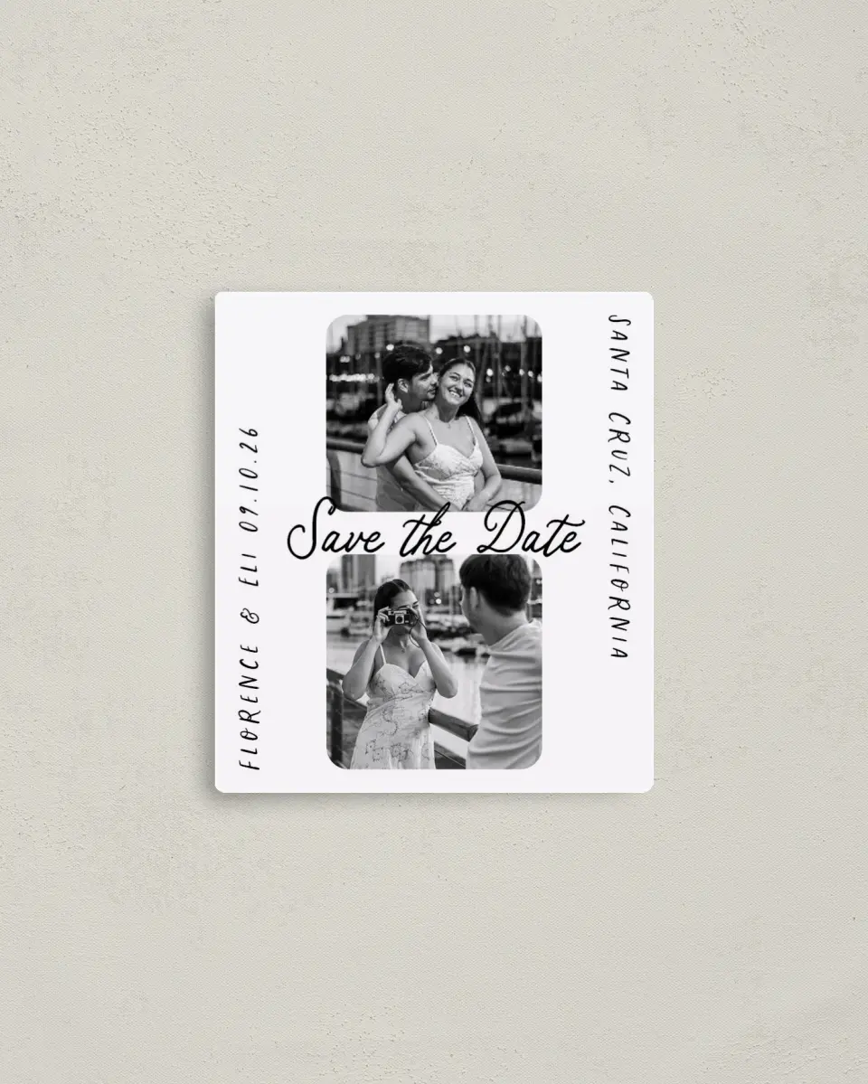This is a 3½" x 4" Save the Date Magnet called Love on Display printed in full color with a Luxe Satin finish