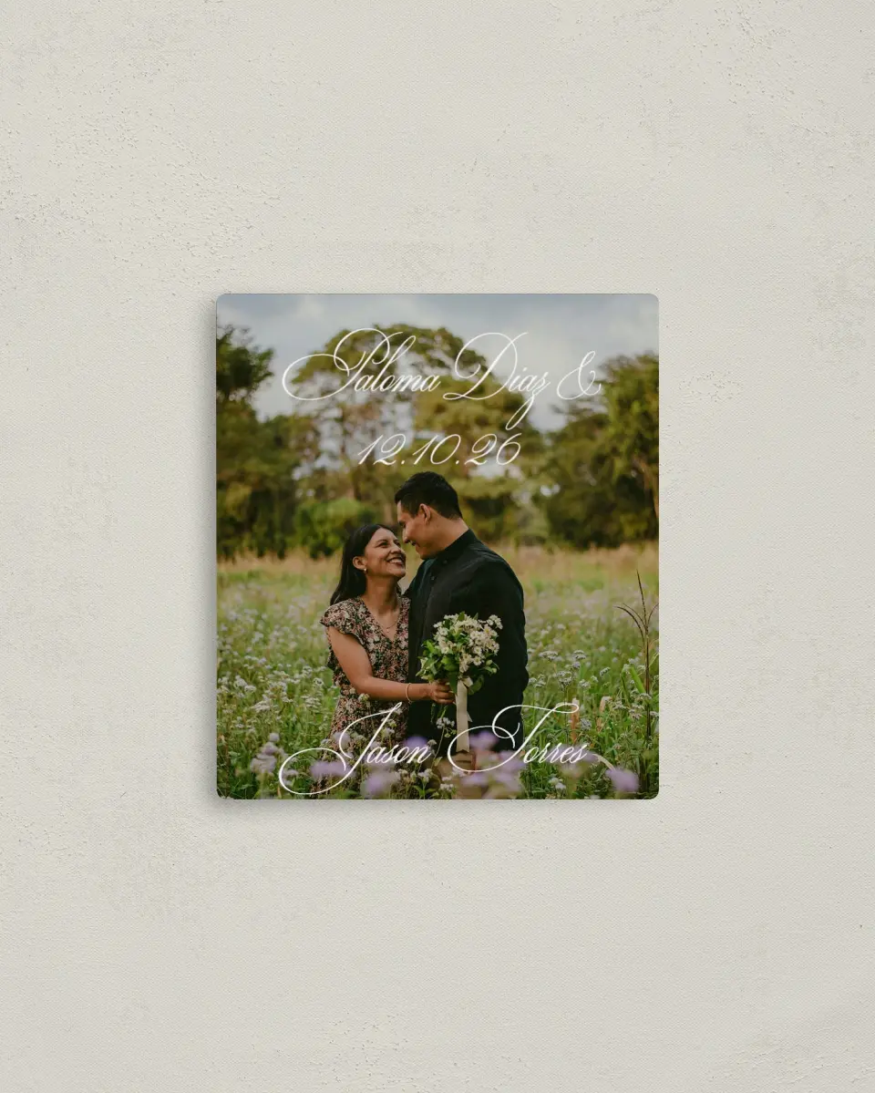 This is a 3½" x 4" Save the Date Magnet called Bespoke Love printed in full color with a Luxe Satin finish