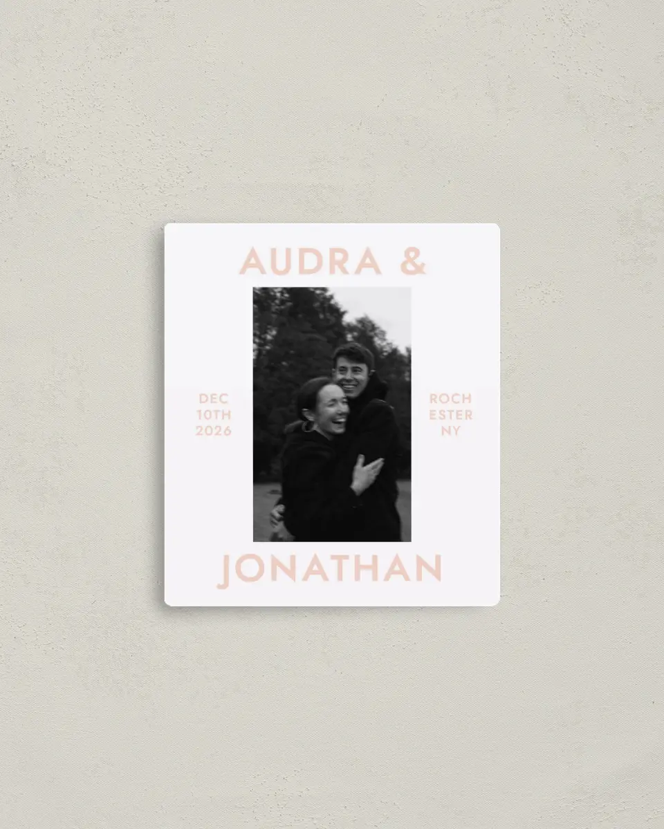 This is a 3½" x 4" Save the Date Magnet called You & Me printed in full color with a Luxe Satin finish