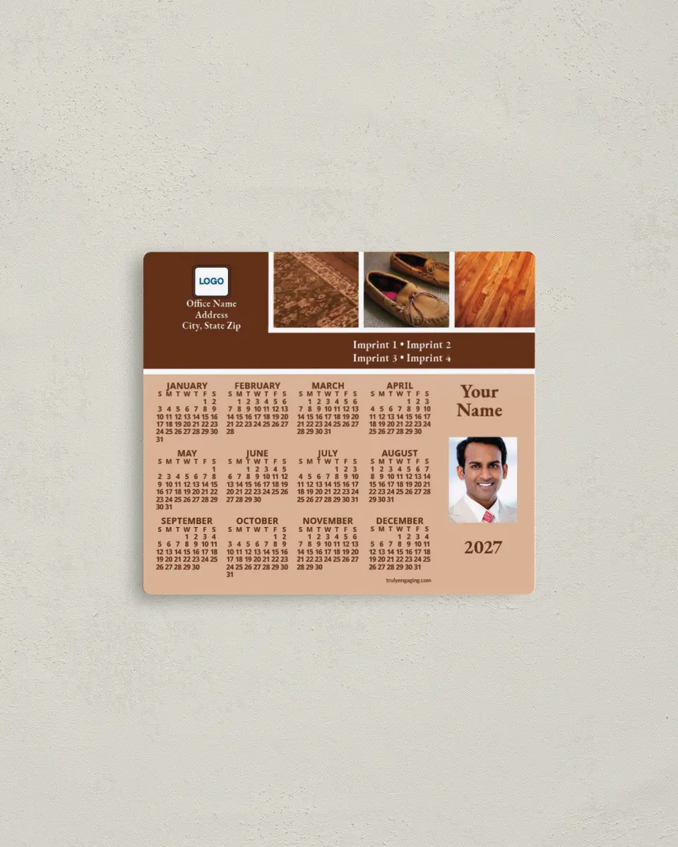 This is a 3½" x 4" Full Magnet Calendar called Rug, Slippers & Wood Floor, Brown & Tan printed in full color with a Standard Gloss finish