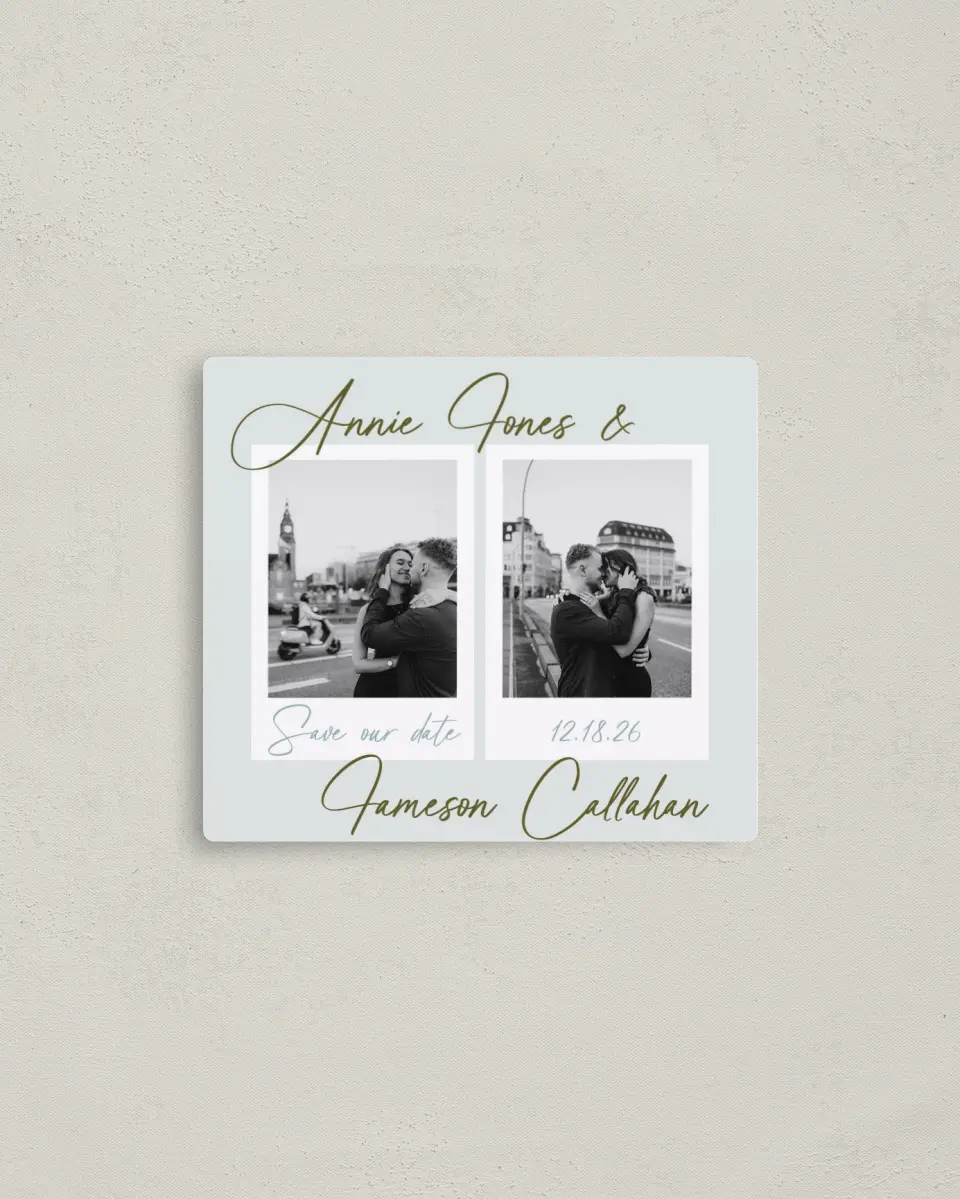 This is a 3½" x 4" Save the Date Magnet called Precious Moments printed in full color with a Luxe Satin finish