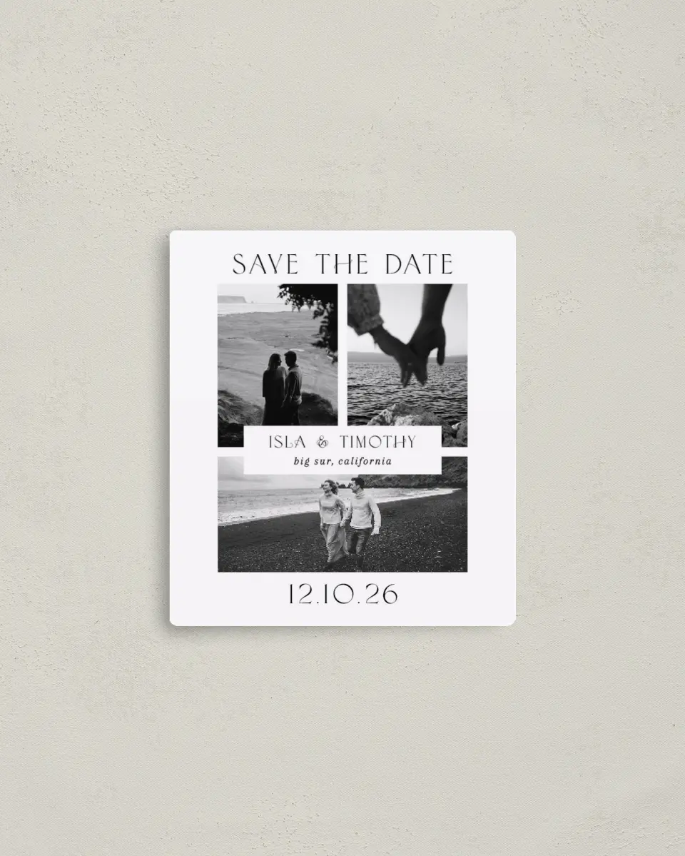This is a 3½" x 4" Save the Date Magnet called Hearts Content printed in full color with Rose Gold foil and a Luxe Satin finish