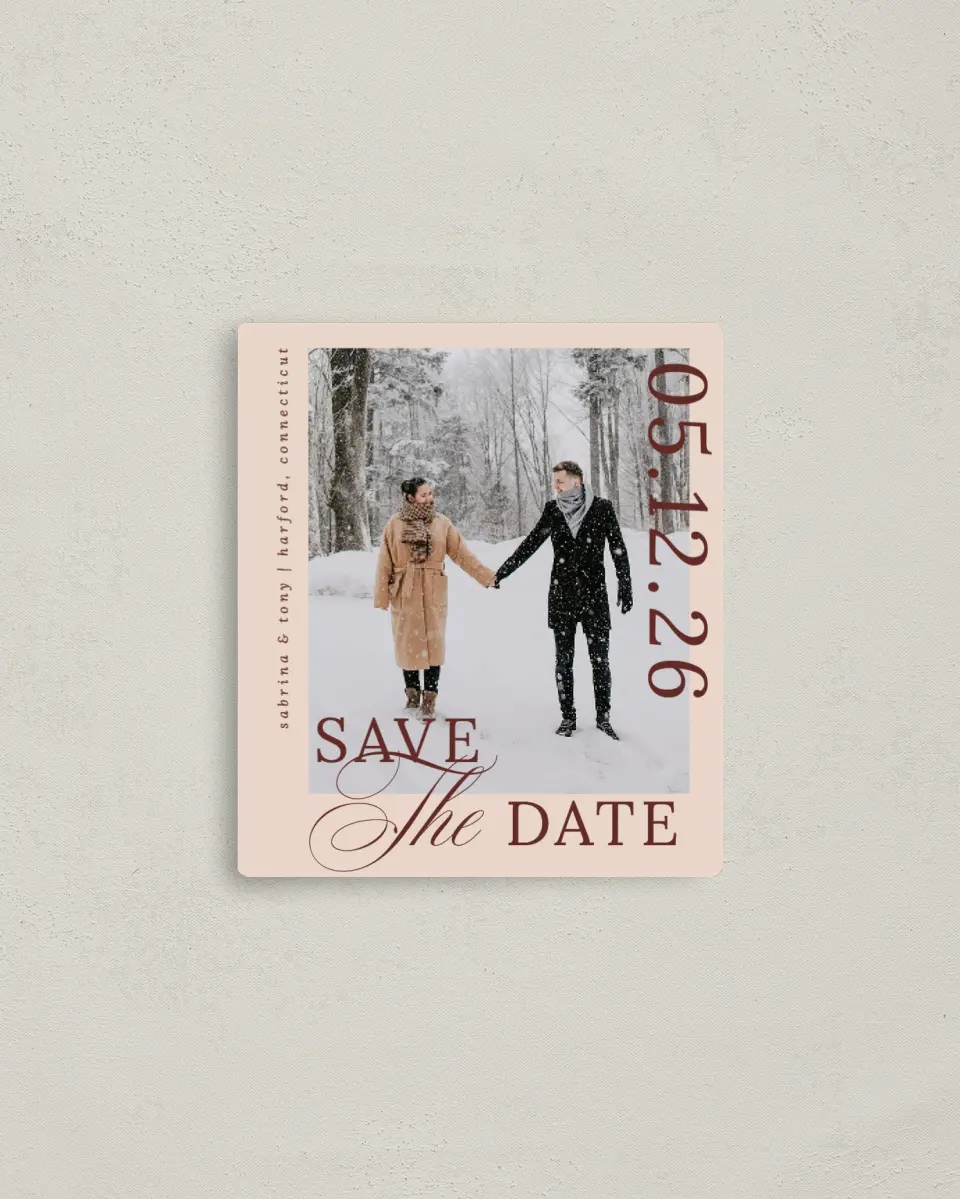 This is a 3½" x 4" Save the Date Magnet called Connected Hearts printed in full color with a Luxe Satin finish