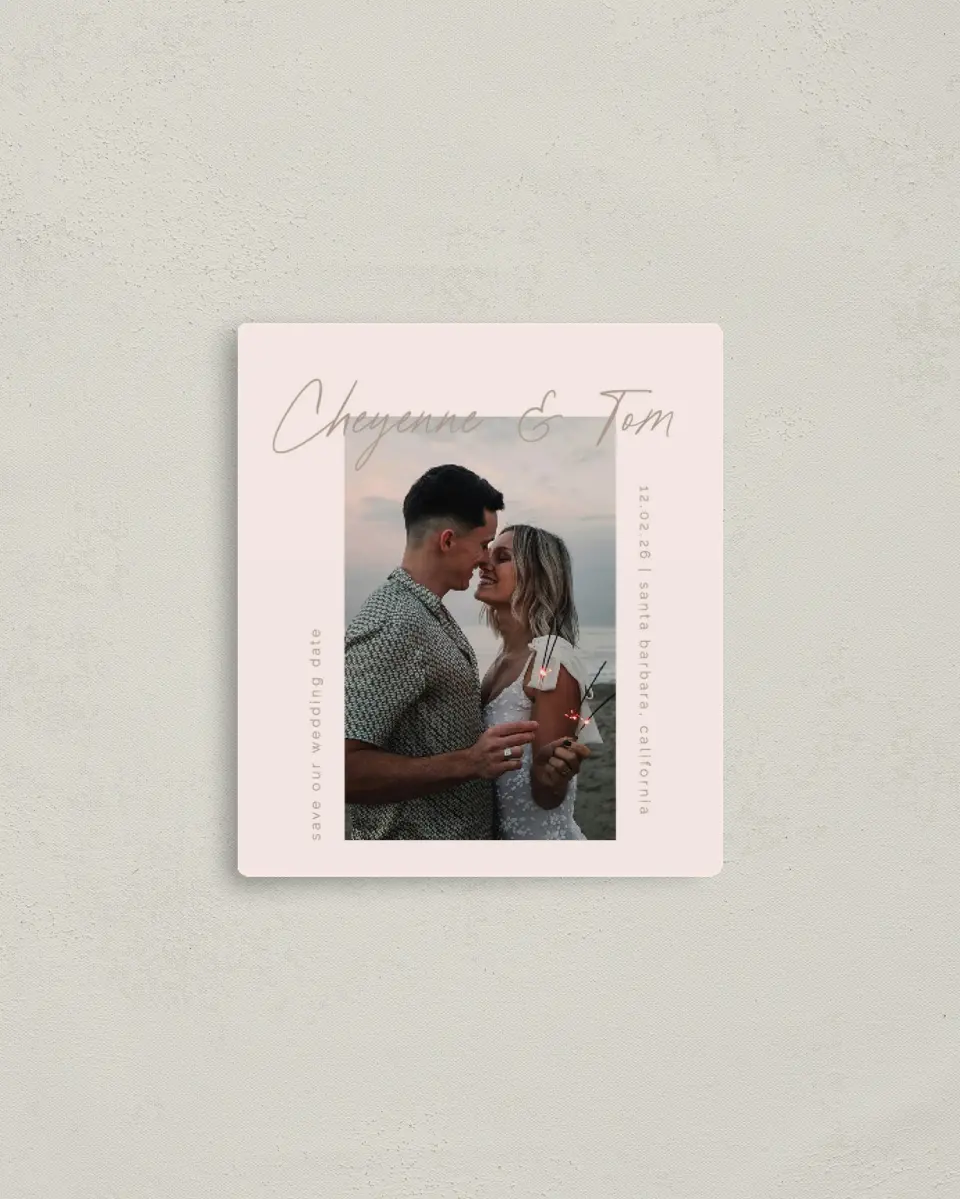 This is a 3½" x 4" Save the Date Magnet called Sparks Flying printed in full color with a Luxe Satin finish