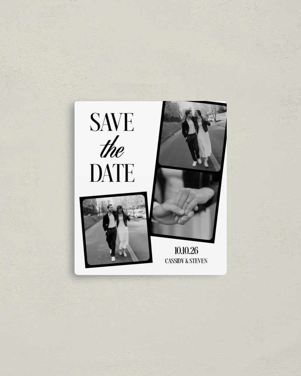 This is a 3½" x 4" Save the Date Magnet called Photo Strip printed in full color with Rose Gold foil and a Luxe Satin finish