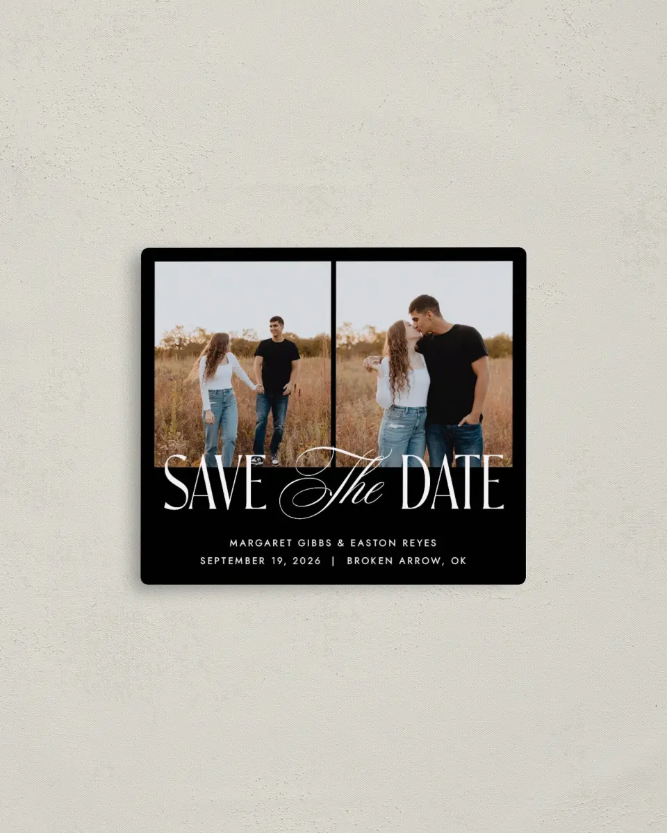 This is a 3½" x 4" Save the Date Magnet called Cherished Day printed in full color with a Luxe Satin finish