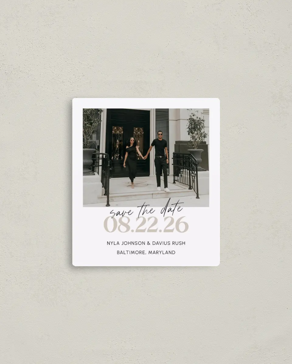 This is a 3½" x 4" Save the Date Magnet called Bound By Love printed in full color with Rose Gold foil and a Luxe Satin finish