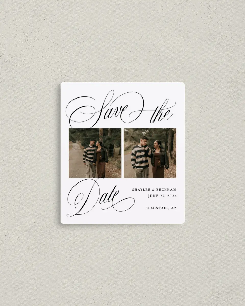 This is a 3½" x 4" Save the Date Magnet called Scripted Elegance printed in full color with a Luxe Satin finish